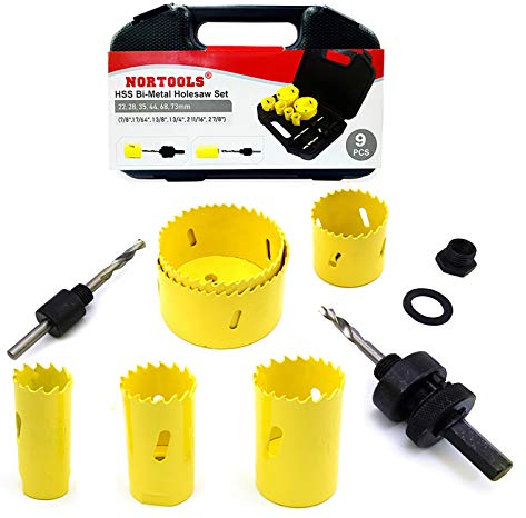 NORTOOLS Hole Saw 9PCS HSS M3 Bi-metal Holesaw Kit Cuttting Tool Drill Bit Sets for Softwood Plastic Plate Thin PVC Board Aluminum Brass 22 28 35 44 68 73 mm