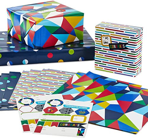 Hallmark Flache Geschenkpapierbögen mit Schnittlinien auf der Rückseite (12 gefaltete Bögen mit Aufkleber-Siegeln) Rot, Blau, Grün, Gelb, geometrisch, Streifen, Punkte für Geburtstag, Vatertag,