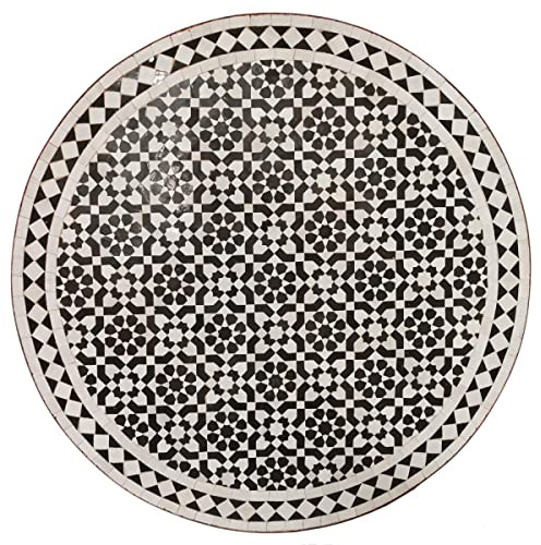 Casa Moro Marockanskt mosaikbord D90 svart vitt glaserat runt med smidesjärnram | Konsthantverk från Marocko | Boho Chic trädgårdsbord mosaik matbord böhmiskt | MT2230