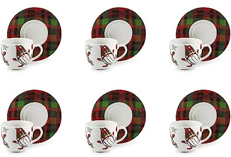 Excelsa Tartan Gnome - Juego de 6 tazas de café con platillo