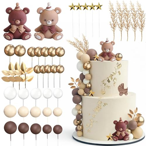 42Pcs Bear Balls Cake Toppers - Mini Teddy Bear Cake Decorations Boho Pearl Ball Toppers for Boy Girl Baby Shower Birthday Gender Reveal Wedding Party Supplies
