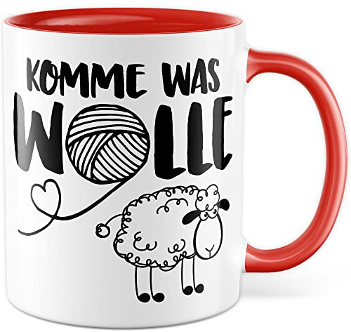Tasse Wolle, Komme was WOLLE Geschenk Geschenkidee Kaffeetasse mit Spruch lustig Kaffee-Becher Häkeln Schaf Stricken Teetasse Witztasse Wortwitz (Weiß/Rot)