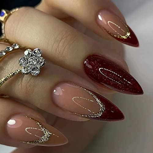 24 Stück Falsche Nägel Mandel Kurz, Roter Glitzer Nägel Zum Aufkleben Französische Tip Kunstnägel Press on Nails mit Design, Acryl Künstliche Nägel Fingernägel Fake Nails für Frauen und Mädchen