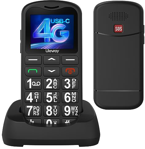 4G Telefono Cellulare per Anziani, Facile da Usare Cellulare per Anziani con Tasti Grandi, Volume Alto, Funzione SOS, USB C, Base di Ricarica, Chiamata Rapida, Torcia, Sveglia, 1000mAh Batteria, Nero