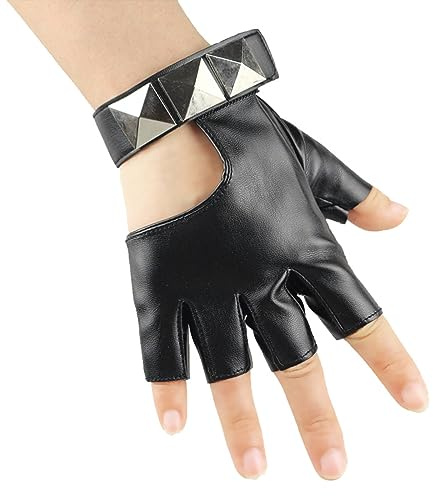 Long Keeper Lederhandschuhe Fingerlose für Damen Ungefüttert Halbfinger Handschuhe Leder Schwarz Punk Hip Hop Costume für Fahren Cosplay Tanz, One Size