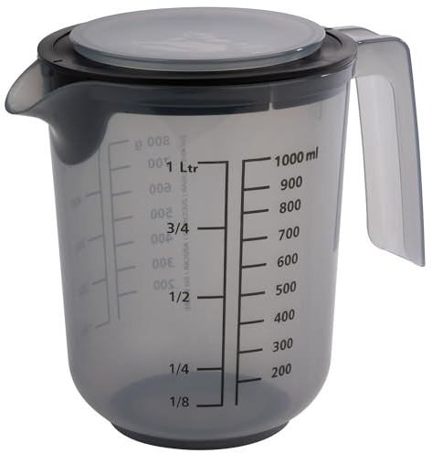 APS 30072 - Jarra medidora con tapa, con escalas de medición para líquidos (l/ml), azúcar (g) y harina (g), volumen 1 litro/diámetro de 12,5 cm/altura 16 cm/apto para lavavajillas, color gris