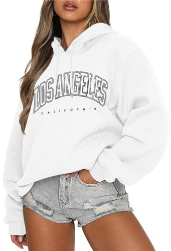Tomwell Sweat à capuche oversized pour femme Los Angeles - Pullover d'hiver à capuche à manches longues - Sweat décontracté avec capuche, A blanc., XS grande taille