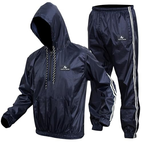 NORTH EDGE Heavy Duty Sauna Sweat Suit Fitness Wear, Jogging Suit Exerise Wear, Gym Wear (Hooded Navy, Small)