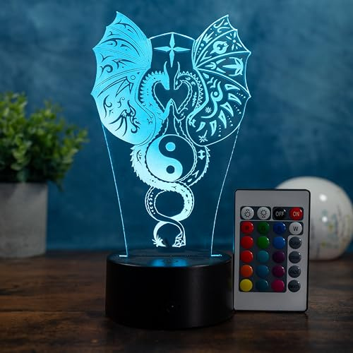Optechvisual LED Acrylglas Lampe Drache Yin Yang – 3D Optik Nachtlicht mit Farbwechsel & Fernbedienung – Deko Geschenkidee für Schlafzimmer & Wohnzimmer – Acrylglas Made in Germany