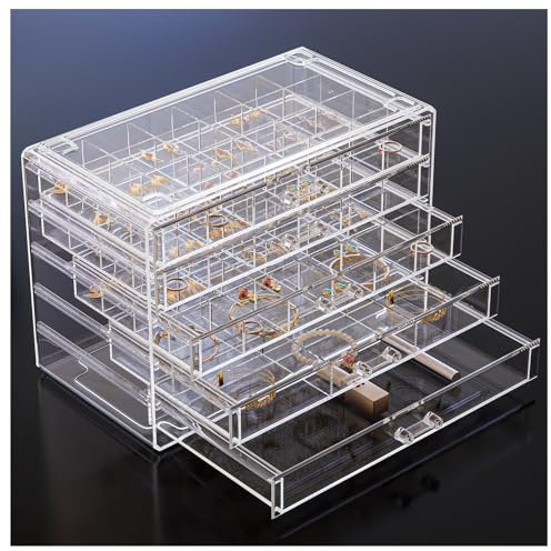 ProCase Boîte Bijoux Tout Transparente, Plateaux Bijoux Tiroir Acrylique, Range Boucles d’Oreille Bagues Colliers Bracelets - 5 Couches