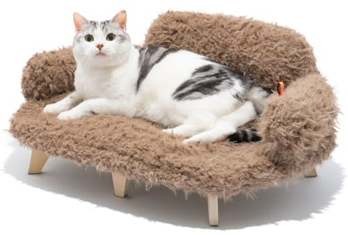 MEWOOFUN Katzensofa & Katzen Bett, 66 x 46,5 x 21,6 cm Erhöhtes Holz-Katzenbett mit Waschbarem Matratzenbezug, Robustes, Modernes Katzenmöbel für Schlafende Katzen