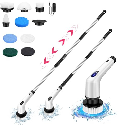HSHa Elektrische Reinigungsbürste mit Einstellbarem Langem Griff, Handheld Power Scrubber für die Reinigung von Küche, Fliesen, Badezimmer, 10 austauschbare Bürstenköpfe - FT