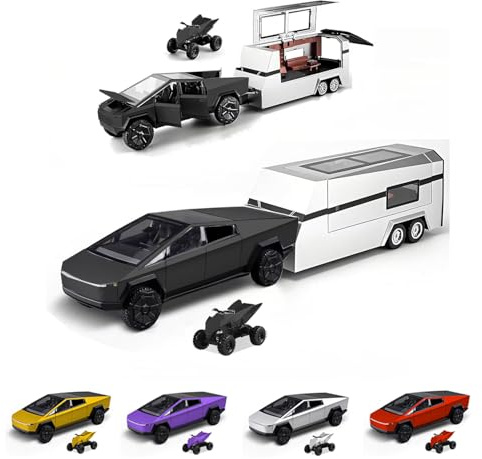 Powvan Spielzeug-LKW mit Wohnmobil aus Druckgussmetall, Cybertruck-Modell-Pickup-Truck im Maßstab 1:32, Spielzeugautos mit Sound und Licht, geeignet ab 6 Jahren. (Schwarzes Pickup-Truck-Set)