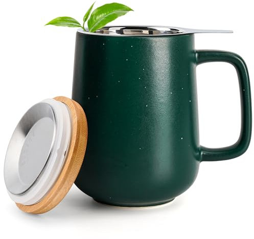 Happy Lemuro Tasse à Thé avec Infuseur et Couvre-Lid - 500 ml - Céramique avec Couvre-Lid - Infuseur à Thé - Tasse à Thé en Vrac - Grande Poignée (Vert Forest)