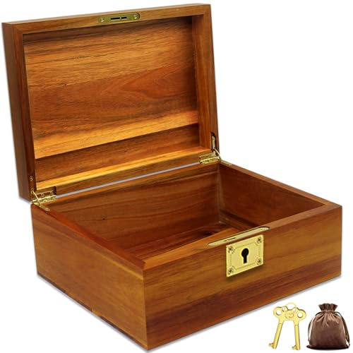 Wooden Box Decorative Large Acacia Wooden Storage Box with Hinged Lid and Locking Key Premium Keepsake Stash Box Lockable Chest for Keepsakes, Valuables, Accessories, Treasured Items(Lock No Grid)