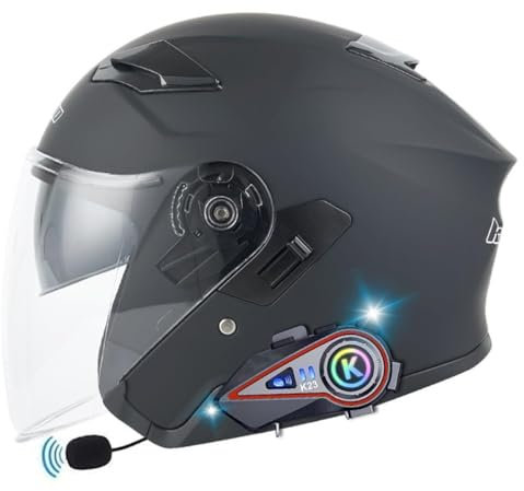 VVPEC Bluetooth Casque Moto Jet avec Visière Microphone Intégré Casques Moto Casque Scooter Ouvert Casques Moto pour Hommes Femmes Dot/ECE Homologué(2,M=57~58cm)