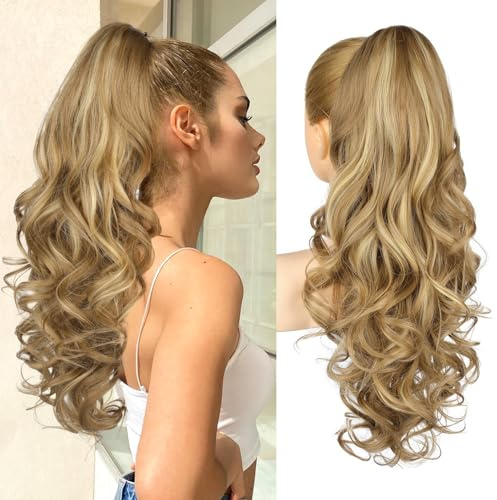 Ponytail Extension, 61cm Lange Zopf Pferdeschwanz Haarverlängerung Natürliches Clip in Pferdeschwanz Haarteil Kunsthaar für Damen, Mittelblond mit blonden Strähnchen