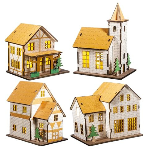 Weihnachtsdorf mit Beleuchtung, Weihnachtsdeko Holz Häuser mit LED Licht, Miniatur Weihnachtshäuser mit Beleuchtung, DIY Holz Lichterhäuser für Weihnachtsdeko Innen, Winter Hüttenlandschaft (E)