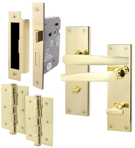EAI Polished Brass Door Handles with Bathroom Lock 64mm and Hinges | Complete Bathroom Kit with 1 Pair of Lever on Backplate Door Handles, 64mm Bathroom Lock, 76mm Hinges, Fixings Included