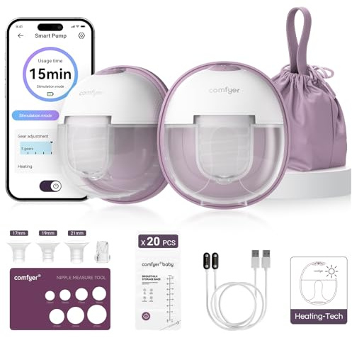 Comfyer Heiz-Milchpumpe Elektrisch Tragbar Freihändig, Branchenführende Heiztechnologie,Magnet-Ladestation,App-Steuerung,Inkl. 20 Milchbeutel,Klinik-Standard Saugkraft, 2er-Set