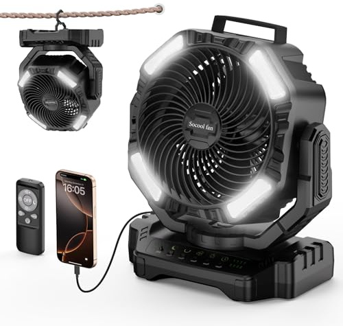 Socool - Ventilador de camping de 40000 mAh recargable, funciona con pilas, mando a distancia portátil para exteriores, oscilación inalámbrica de 136 horas y 4 velocidades, ventilador de mesa con luz