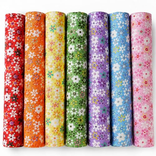 EXGOING 7pcs Fat Quarters Fabric Bundles, 20x20in (50x50cm) Precut Cotton Quilting Fabric Squares for Sewing, Patchwork & DIY Crafts, Floral Easter Material for Bags & Home Décor (Colorful)