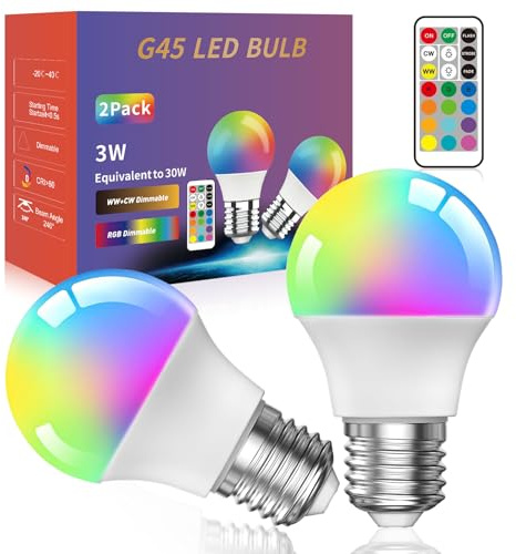 Lamptobe 2 Stück Glühbirne mit Fernbedienun,3W G45 E27 Dimmbare Mehrfarbige Edison LED Lampe Mit Fernbedienung,E27 Schraubsockel RGB+Warmweiß,Geeignet Für Alltagsbeleuchtung Und Stimmungsbeleuchtung