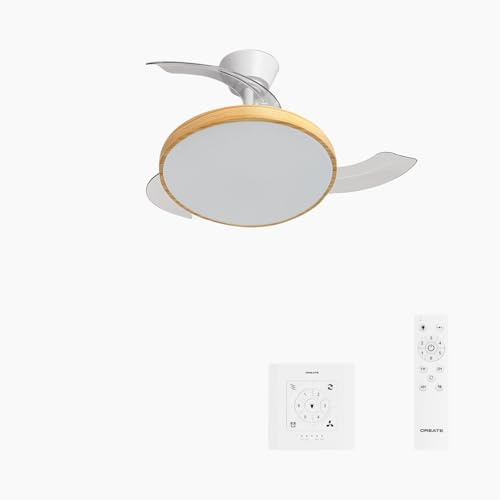 CREATE / WIND CLEAR STUDIO S/Ventilador de techo con luz blanco y madera clara con controlador de pared y mando / 40W, Aspas retráctiles, Ø 91 cm, 3 temperaturas de luz, función verano-invierno