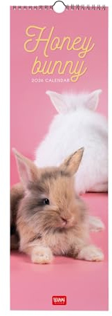 Legami Väggkalender 2026 Honey Bunny, liten väggkalender, 12 månader och årsplanerare, 6 språk, utrymme för anteckningar, stjärntecken, internationella helgdagar, 16 x 49 cm