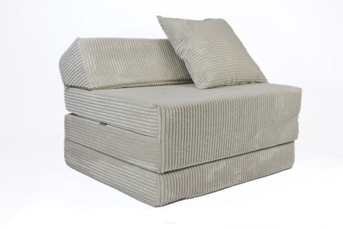 FORTISLINE - Klappmatratze 200x70x10cm mit Kopfteil & Kissen – Gästebett ausklappbar für Kinderzimmer & Camping Matratze Schaumstoff – Faltmatratze tragbar – Faltbare Matratze aus Cord – Beige