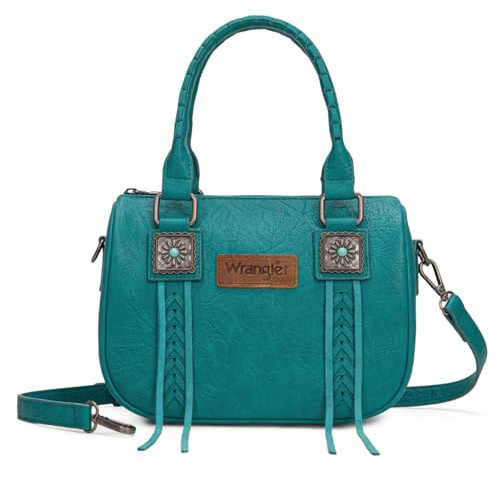 Wrangler Satchel Bag Fringe Crossbody Purse Turquoise Top Handle Shoulder Bag with Detachable Strap, Turquoise, M