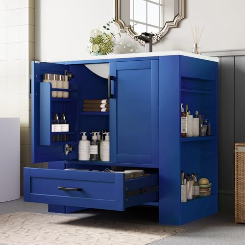 NNJN 76 x 46 x 78,5 cm, mobile da bagno, lavabo completamente verniciato, doppia porta, cassetti silenziosi, mensole su entrambi i lati, lavabo in ceramica integrato, blu