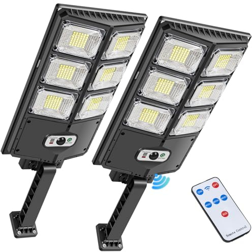 PEAKRO Solar Street Light Outdoor, 252 LED 6000K Solar Lights with Motion Sensor/Remote Control, IP65 Waterproof Flood Light Dusk to Dawn Security Lamp Garden Wall Lights for Patio Yard Path, 2 Pack