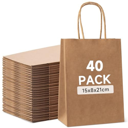 HAUSPROFI Papiertüten 40 Stück, Geschenktüten mit Henkel, Kraftpapiertüten Groß 15 x 8 x 21 cm, für Einkaufen, Hochzeiten, Verpackungen, Partys, Geburtstag, Weihnachten, 130 g/m², Braun
