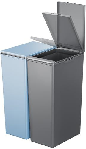 EKO Morandi Twin Pack (2 x 40L) Kitchen Bin with Touch-Top Lids, Plastic Double Bins with Recycling Stickers and Easy-Clean Finish, for Home or Office, Dark Grey & Titanium Blue
