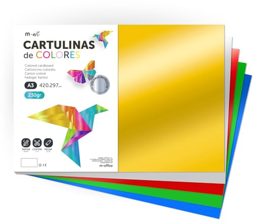 Cartulina de Colores Metalizadas, Cartulina Grande A3 (29,7x42cm) Cartulinas de Colores 230gr para Manualidades, Diseños Creativos y Proyectos Arte, Brillo Reflectante · m-office (10 hojas, Surtido)