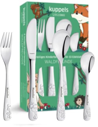 murimage® Kinderbesteck mit Gravur personalisiert I 4teilig aus Edelstahl I Namensgravur I Waldfreunde-Design I Besteck mit Namen I Personalisiertes Geschenk für Kinder I Taufgeschenk I Ab 3 Jahre