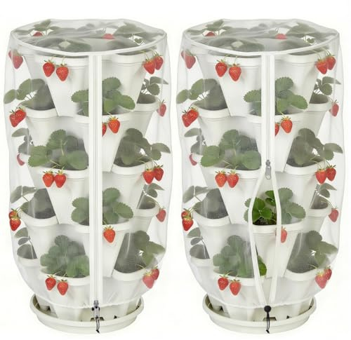 2 Pcs Garden Insect Netting for 5 Tier Strawberry Planter Pot, 39.3x19.6 Insect Bird Barrier Stackable Strawberry Planter Net Cover, Vertical Plant Pot Garden Plant Netting for Protect Fruit Flower
