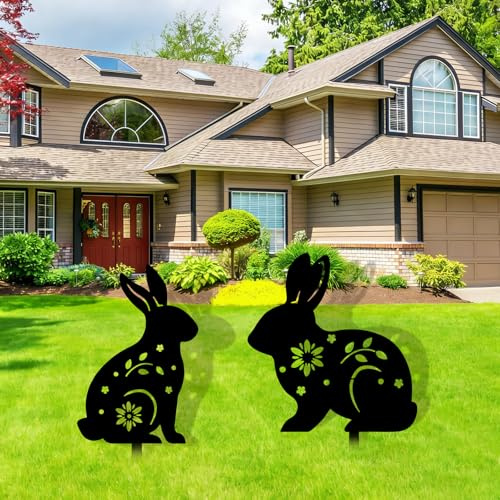 2 Stück Gartenstecker Metall Ostern Osterhase Deko Gartenstecke mit Höhlen Blumen für Außen Rasen Garten Hof & Frühlingsdekoration （Schwarz）