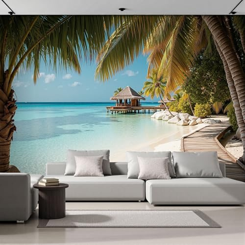 Papel Pintado Panorámico 200An×150Al cm Maldivas Palmeras Tejido No Tejido Papel Tapiz Fotomurales,Decoración De Pared Cenador Vista Al Mar Murales Diseno Fotográfico Dormitorio Salón Azul