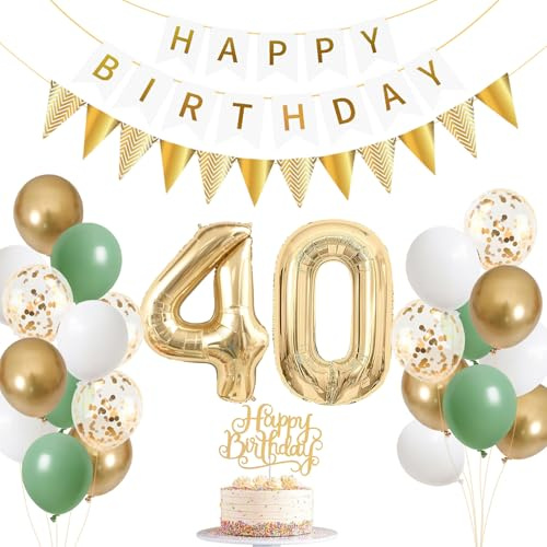 40. Geburtstag Deko Set für Frau & Mann, Dihuangwx Salbeigrüne Luftballons zum 40. Geburtstag, Geburtstagsdeko aus stabilem Material für Geburtstagsparty & Tischdeko