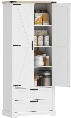 HOMCOM Buffet Haut Cuisine Vaisselier 2 Portes, 76 x 40 x 180 cm Blanc | Armoire de Rangement, 2 Tiroirs Silencieux, Étagères Réglables, Meuble de Rangement Rustique, Salon, Salle à Manger