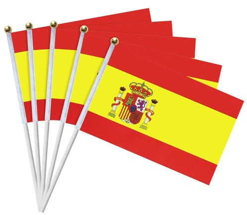 Pack de 15 Banderas de España de Mano, 14 x 21 cm Con Palos Blancos, Pequeñas Banderolas Españolas para Fiesta, Decoración de Jardín, Bar, Eurocopa, Mundial 2026