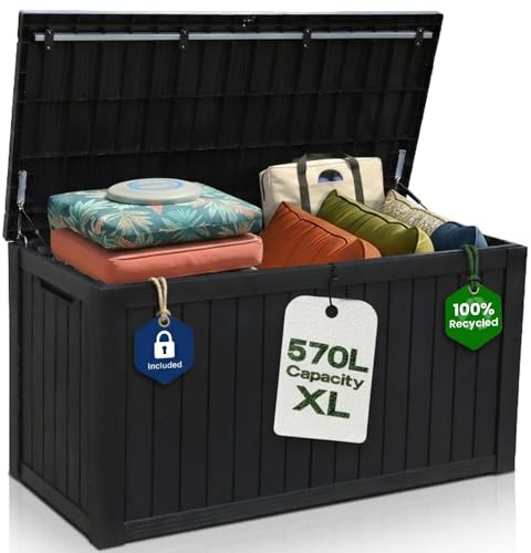 Olsen & Smith 570L Recycled Lockable Garden Storage Box & Bench Chest | 100% Recycled, Lockable with Padlock, Gas-Assisted Lid, Waterproof, Anthracite, Cushions Tools Toys & Garden Furniture