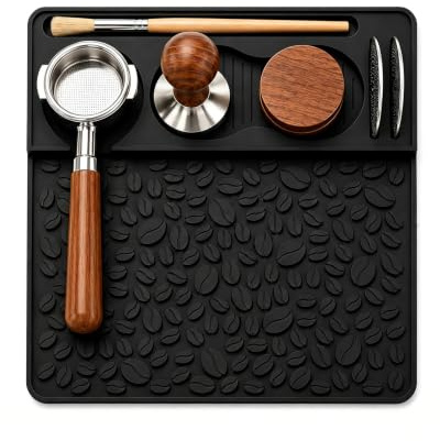 Tampermatta silikon, kaffe tampermatta med hylla för baristatillbehör | 25,9 x 24 cm; baristamatta med hylla för tamper, borstar, skärmhållare och nivåer, espressotillbehör till hands