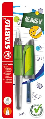 STABILO - Schulfüller mit Linkshänder-Feder L - EASYbuddy in limette/grün - blau (löschbar) - inkl. Patrone - Blister