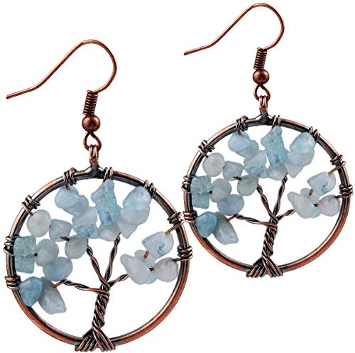 KYEYGWO Arbre de Vie Boucles d'Oreilles Pendantes pour Femme, Chakra Pendants d'Oreilles en Pierre de Cristal 3.6-4, Aquamarine