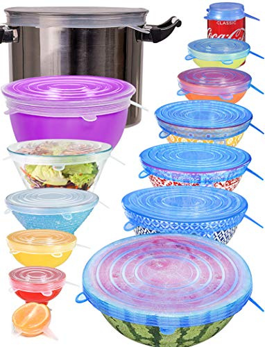 Longzon Silicone Stretch Lids 14 Pack Include 2Pcs Size up to 9.8'' Diameter,Reusable Durable Food Storage Covers for Bowl,7 Different Sizes to Meet 2.6-9.8''Dia Containers,Dishwasher & Freezer Safe