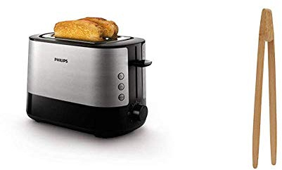 Philips HD2637/90 Grille-Pain avec Fente large Métal/noir 950 W + Pince à toast en bambou. 24 cm non colorée non aimantée pour attraper les toast au grille pain ou pour le service