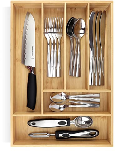 Pristine Bamboo Organizer per vassoi per posate - Portaposate per cassetto - Piccolo organizer per cassetti da cucina in legno extra profondo per cucchiai, forchette, coltelli, posate (6 scomparti)